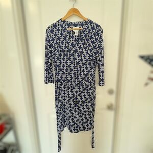 JM Collection Navy White Geometric Print Wrap Dress Midi Sleeve Size 6